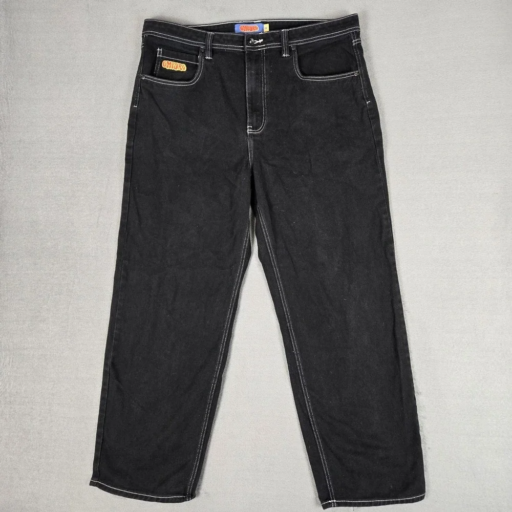 Empyre Denim Jeans Mens 36x30‎ Black Baggy Wide Leg Grunge Embroidered Y2K